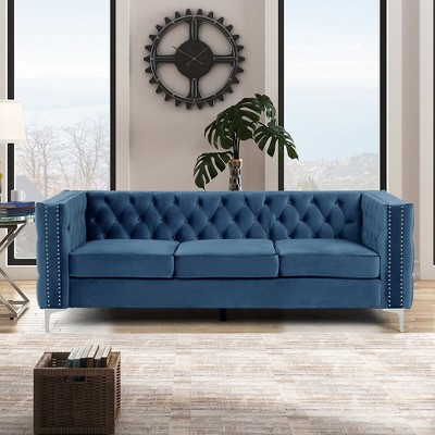 85 in. Square Arm 3-Seater Removable Cushions Sofa in Blue - Morden Fort
