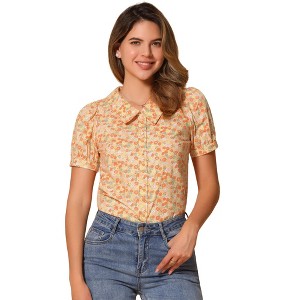 INSPIRE CHIC Women's Puff Short Sleeves Point Collar Button Down Floral Shirts - 1 of 4