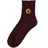 Memoi Women's Sparkly Ribbed Lettuce Edge Embroidered Sunflower Crew Sock Burgundy 9-11 - 3 of 4