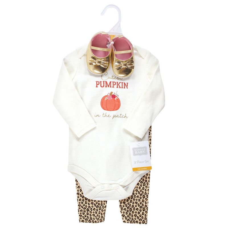 Hudson Baby Infant Girl Cotton Bodysuit, Pant and Shoe Set, Cutest Pumpkin, 3 of 7
