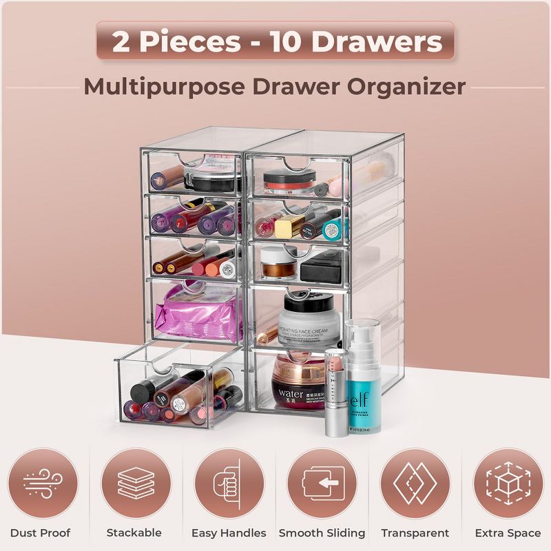Sorbus 10 Drawers Acrylic Organizer for Makeup, Organization and Storage, Art Supplies, Jewelry, Stationary - 2 Pcs Clear Stackable Storage Drawers, 4 of 7