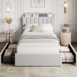 Twin/Full Bed Frame with 2 Flexible Drawers and Bookcase Headboard, Boucle Upholstered Platform Bed for Boys/Girls - 1 of 4