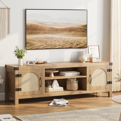 Homhougo Rattan TV Stand for Living Room, Boho Entertainment Center with Rattan Door and Adjustable Shelves Natural