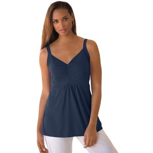 Jessica London Women's Plus Size Stretch Cotton Shirred Tank - 1 of 4