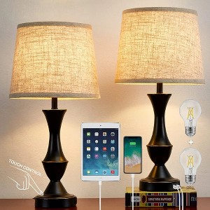 GTCLIGHTING Touch Lamps for Bedrooms Set of 2, Bedside Lamp with 2 USB Ports, 3 Way Dimmable Nightstand Lamps with Linen Lampshade for Living Room - 1 of 4