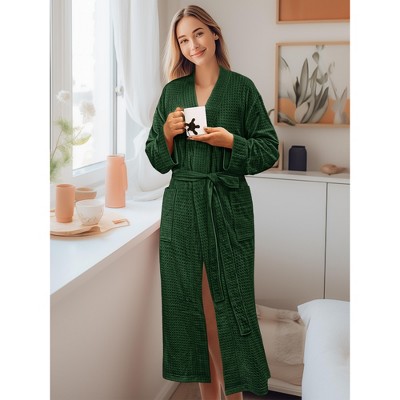 Emerald Green Waffle Knit Cotton Blend Long Bathrobe