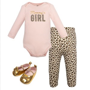 Hudson Baby Infant Girls Cotton Bodysuit, Pant and Shoe Set, Leopard Hearts Girls - 1 of 4