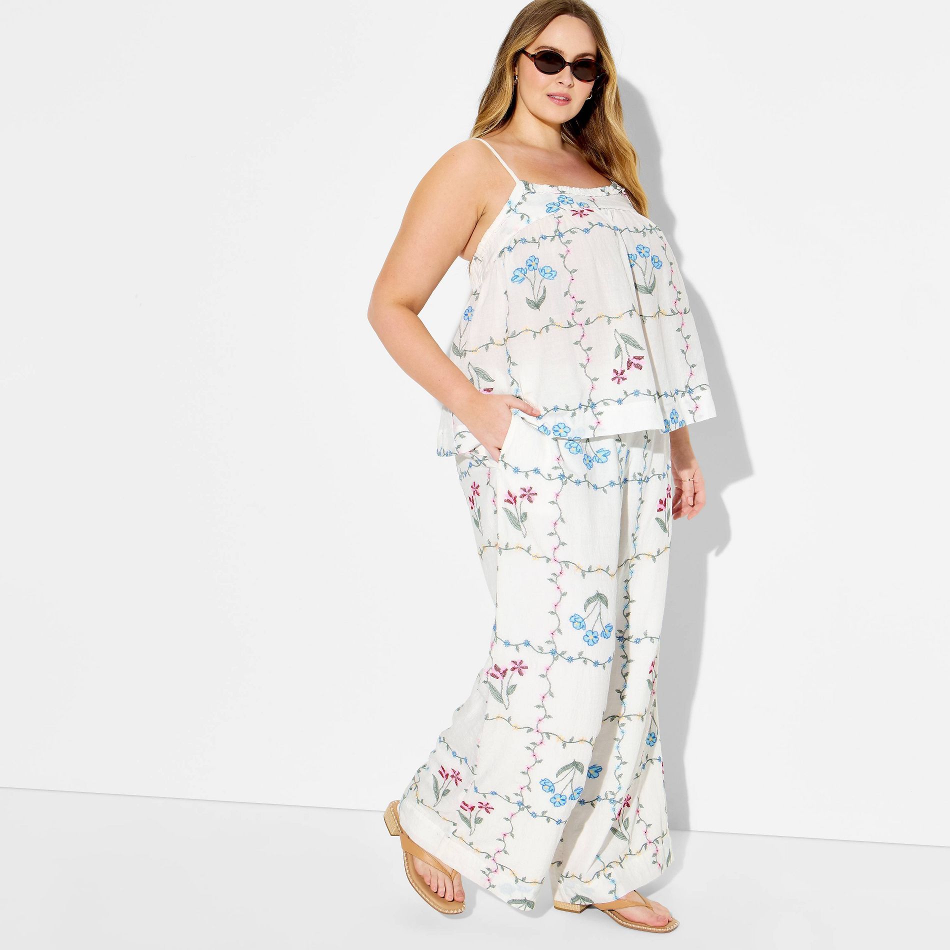 Women's Embroidered Wide Leg Pull-On Pants - Wild Fable™ White