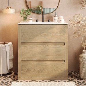 ORRD 30" Bathroom Vanity w/ Ceramic Sink, 2 Soft-Close Drawers - Freestanding Natural Wood Vanity with Modern 45° Handle Design - 1 of 4