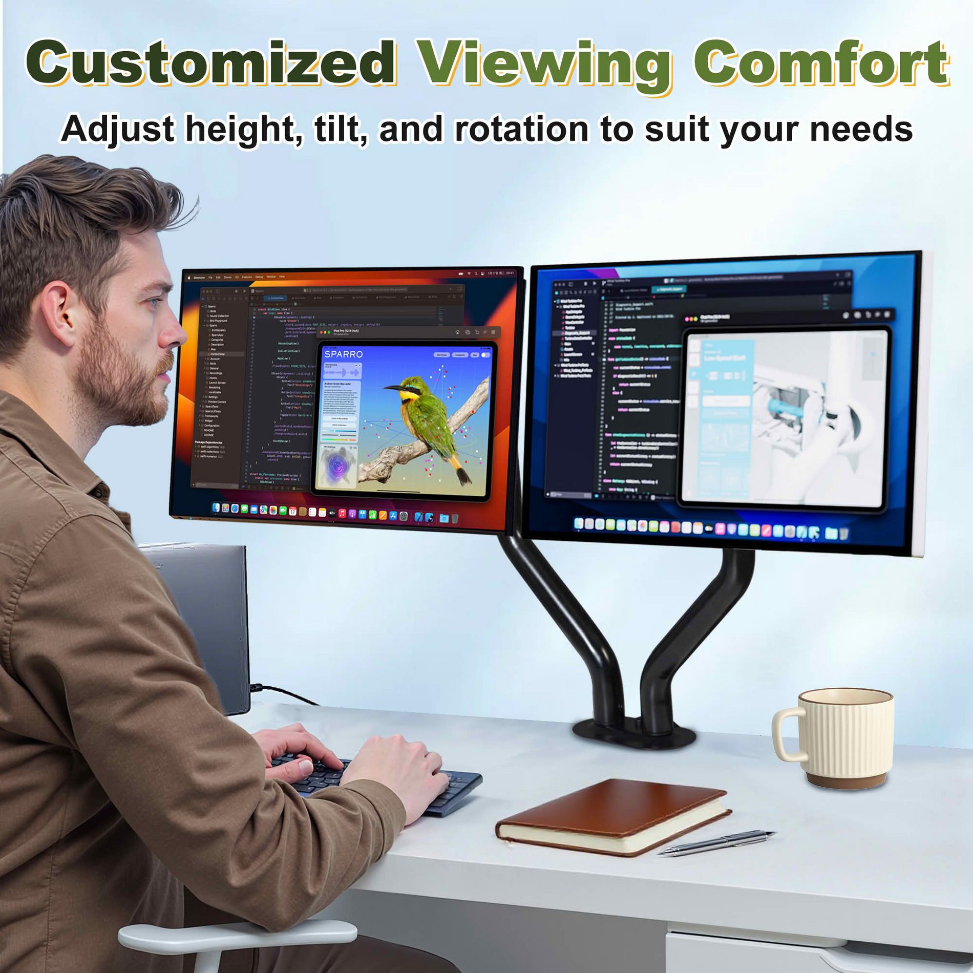 MAYEERTY Dual Monitor Counterbalance Desk Mount for 17-32" Screens, Swivel & Height Adjustable Dual Monitor Stand