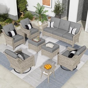 XIZZI 8 Pieces Wicker Sofa with Cushion, Swivel Rocking Chairs, High Back Rattan Chairs and Ottomans, 9 Seats Conversation Set for Backyard - 1 of 4