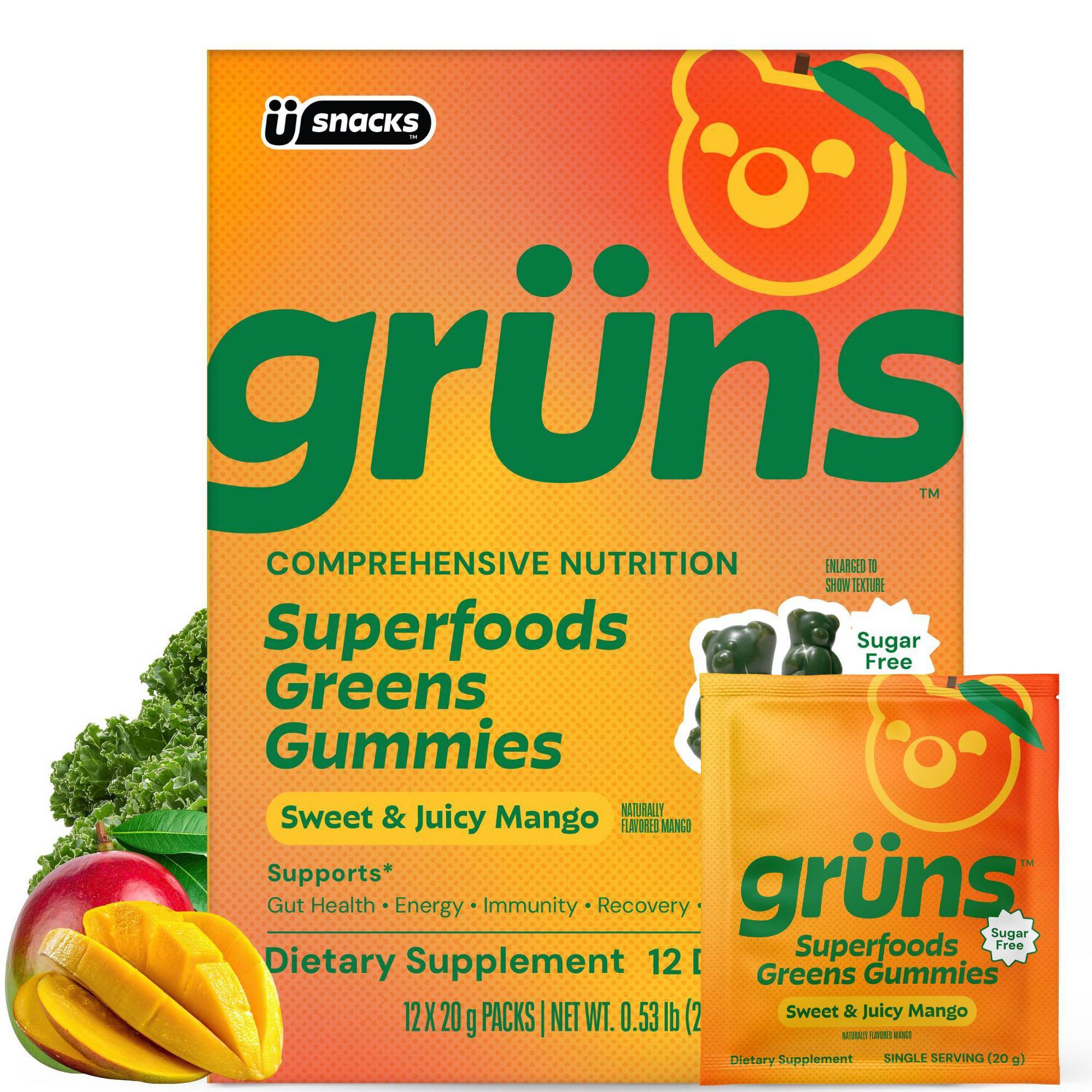 Grüns Adult Sugar Free Mango Superfoods Greens Gummies - 240g/12 Servings