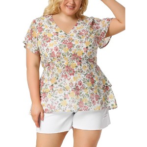 Agnes Orinda Women's Plus Size V Neck Short Sleeve Floral Print Tiered Peplum Blouses - 1 of 4