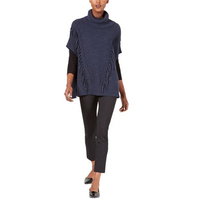 Anne Klein Womens Fringe Poncho Sweater, Blue, L/XL