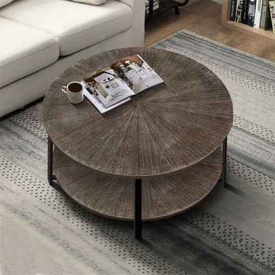 Round Coffee Table With 2-Tier Storage, Farmhouse Living Room Cocktail Table With Metal Leg, Patchwork Desktop Effect