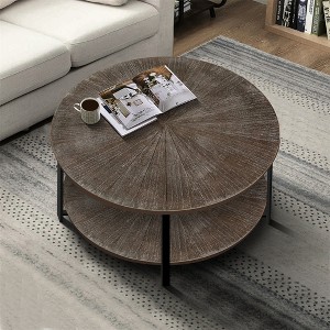 Round Coffee Table With 2-Tier Storage, Farmhouse Living Room Cocktail Table With Metal Leg, Patchwork Desktop Effect - 1 of 4