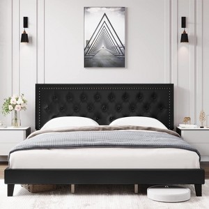Adjustable Bed Frame with Button Tufted Headboard and Nailhead Trim, Strong Wooden Slat Support, Non-Slip, Noise-Free, No Box Spring Needed. - 1 of 4
