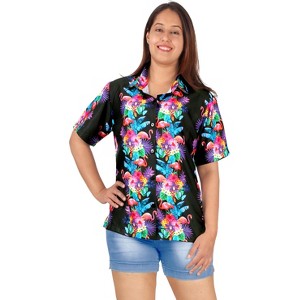 HAPPY BAY Button Down Shirt for Women Summer Beach Blouses Shirt Hawaiian T-Shirt Blouse Short Sleeve Vacation Flamingo Shirts - 1 of 4