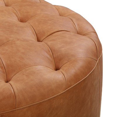 Cognac Tan Round Tufted Leather Ottoman