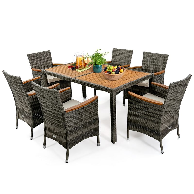 Costway 7PCS Patio Rattan Dining Set Acacia Wood Table Cushioned Chair Mix Gray, 2 of 11