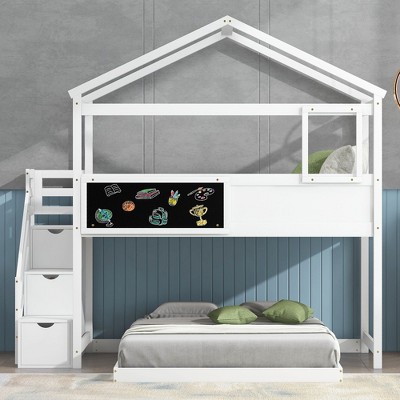 NicBex Twin Over Full Bunk Bed with Fence and Storage Staircase,Loft Bed with Blackboard for Bedroom,White/Gray