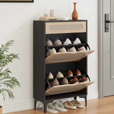 Shoe Cabinet, Rattan Shoe Storagewith 2 Flip Drawer and 1 Pull-Out rawer, Heavy Duty Metal Leg, Adjustment Shelf, For Front Door Entrance, Black