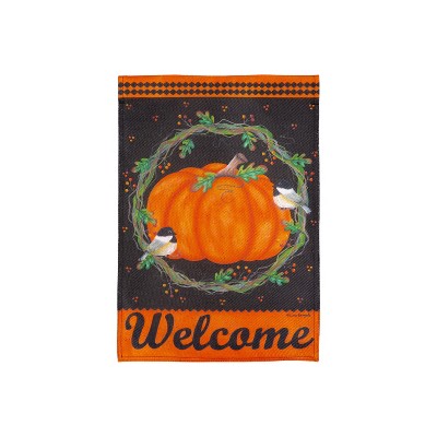 Evergreen Chickadee and Pumpkin Burlap Garden Flag 12 x 18 Inches Indoor Outdoor Decor