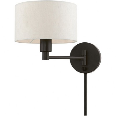 English Bronze Swing Arm Wall Lamp with Oatmeal Shade