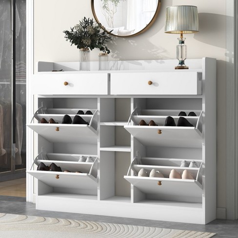 Shoe Cabinet With 4 Flip Drawers Multifunctional 2 tier Shoe Storage Organizer With Drawers Free Standing Shoe Rack For Entrance Hallway White Target