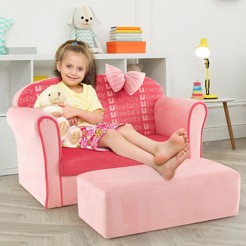 Tangkula Kids Double Sofa Velvet Upholstered Sofa Couch w/Footstool & Armrests Pink, 3 of 10