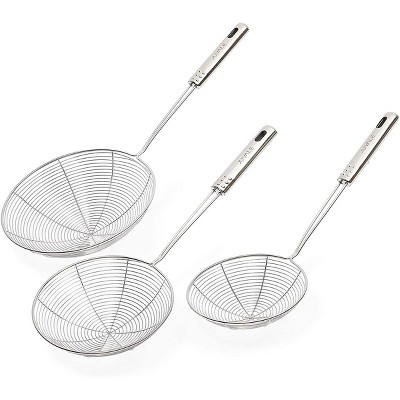 Juvale 3 Piece Spider Wire Skimmer Strainer Spoon with Handle for Frying, three sizes