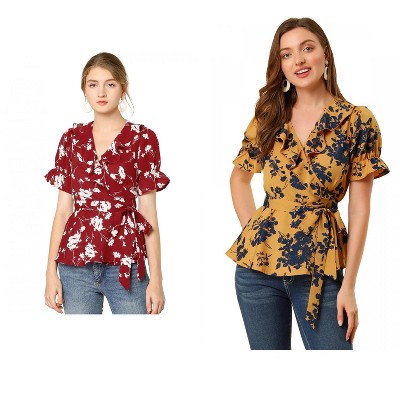 INSPIRE CHIC Women's Floral V Neck Tie Waist Belted Ruffle Wrap Shirt 2 Pcs