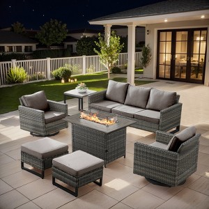 Buenhomino 7PCS Outdoor Patio Furniture Set,PE Wicker Patio Conversation Sets with 41" 50000BTU Fire Pit Table,Swivel Rocking Chairs Set - 1 of 4