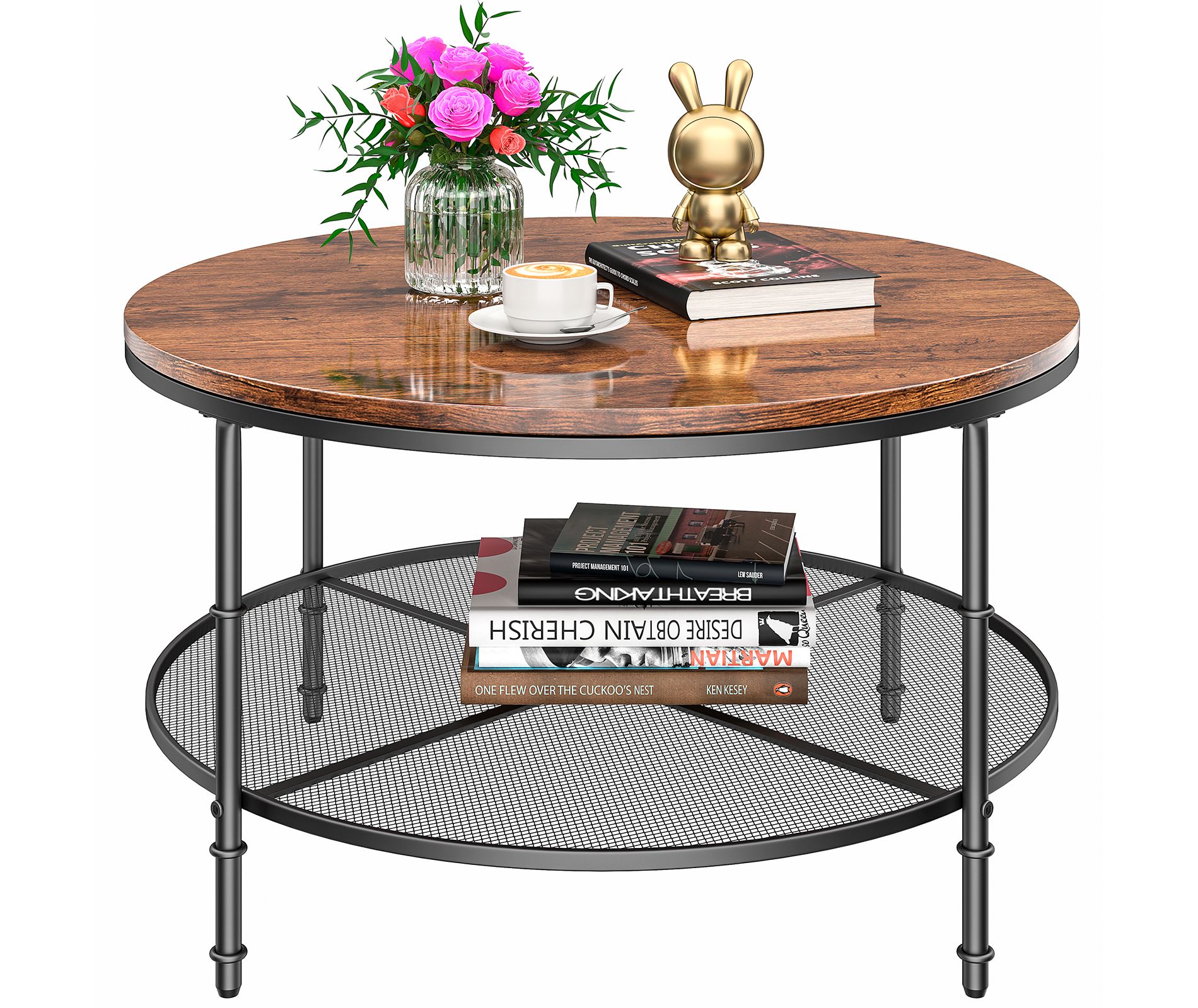 SUGIFT 2-Tier Round Coffee Table with Rustic Wood Top and Padded Feet