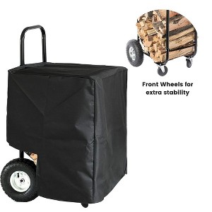 Gardenised Black Firewood Rack Outdoor Indoor, Heavy Duty Firewood Carrier Wood Fireplace Tool Rack, Rolling Storage Cart with Cover - 1 of 4