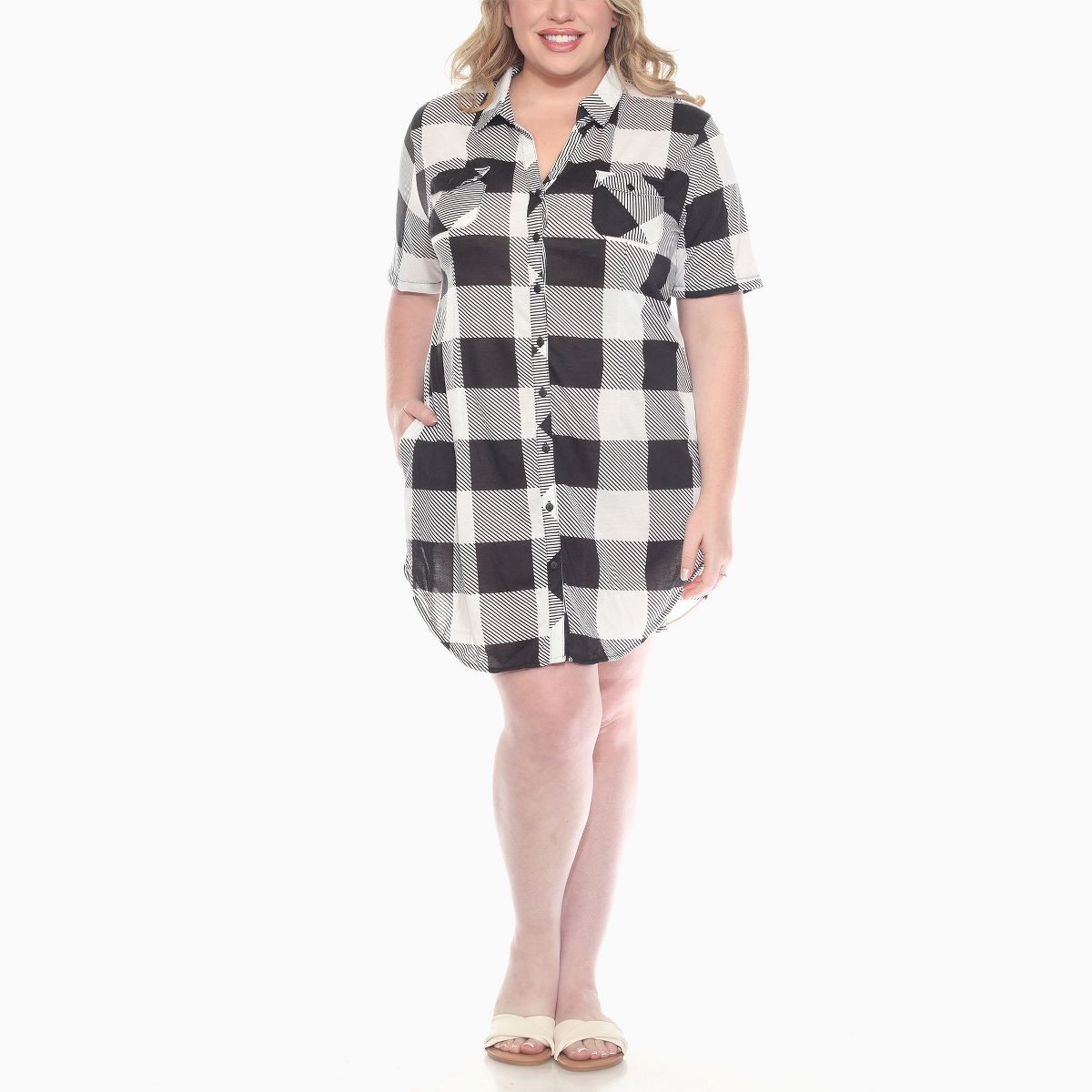 Plus Size Short Sleeve Plaid Button Down Shirt Dress -White Mark - thumbnail 5