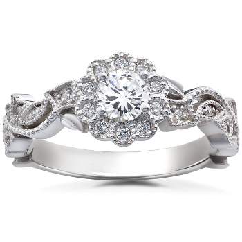 Pompeii3 1/2CT Diamond Vintage Petal Engagement Round Halo Ring 14K White Gold