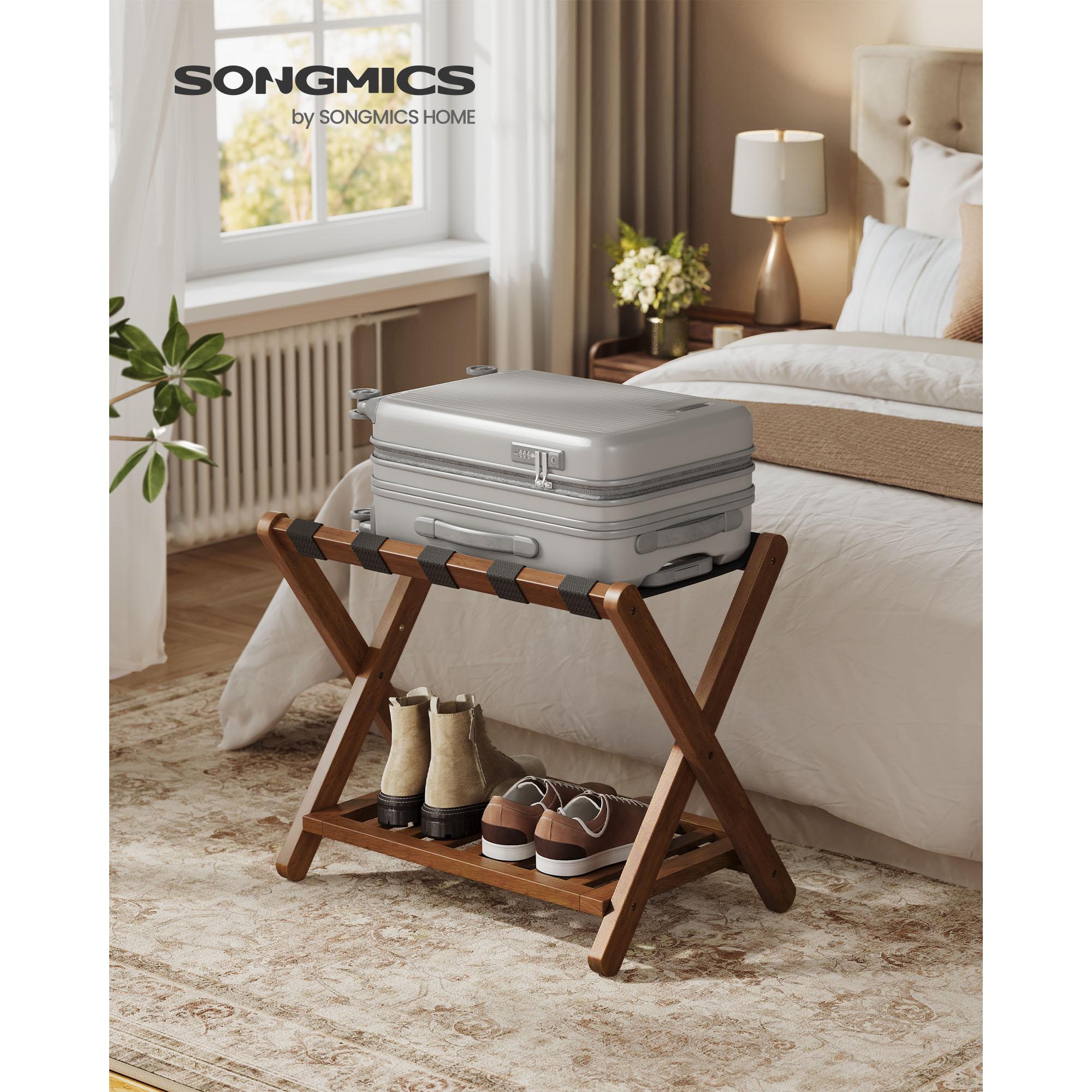 Solid Wood Luggage Rack - Foldable Suitcase Stand with Storage Shelf, No Assembly, 150 lb Capacity, Coffee Brown