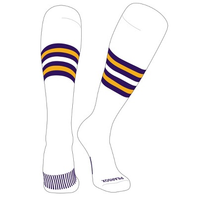 PEAR SOX Striped OTC Baseball, Softball, Football Socks (F) White, Purple, Gold