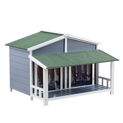 VisioGear Dog House, Wooden Outdoor and Indoor Dog House with Porch,Elevated Floor,Asphalt Roof, 2 Doors, Bluel, 47"*42"*33"