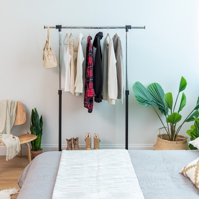 Adjustable Black Metal Single Rod Clothes Rack with Wheels