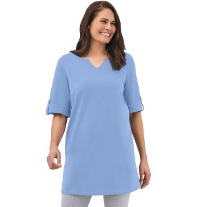 Woman Within Plus Size Perfect Roll-Tab-Sleeve Notch-Neck Tunic - 1 of 4