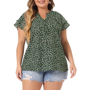 Agnes Orinda Women's Plus Size Floral Ruffle Trim V Neck Button Layered Sleeve Blouses - 1 of 4