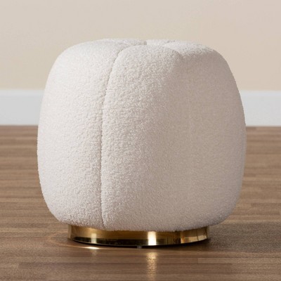 Ivory Boucle Upholstered Round Ottoman with Gold Metal Base