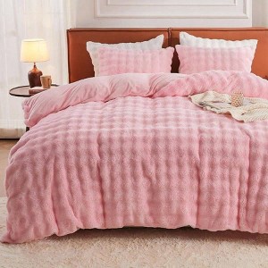Faux Duvet Cover Queen, 3 - Piece Set, Ultra Soft, Cozy Winter Bedding, Pink Shaggy Design - 1 of 4