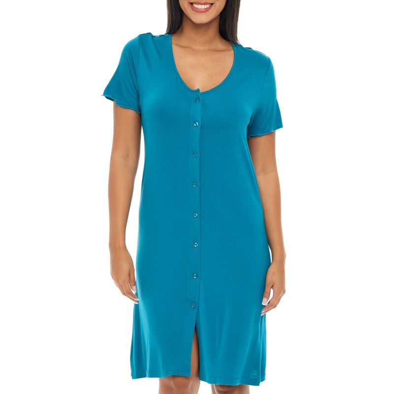 Women's Soft Knit Night Shirt, Short Sleeve Button Down Nightgown V-Neck Pajama Top, 1 of 7