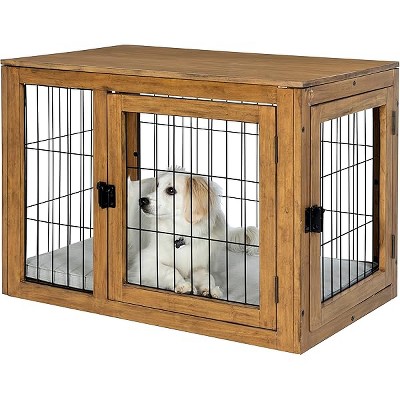 Furniture-Style Dog Crate - Acacia Wood Kennel for Medium Dogs with Double Doors and Cushion - Dog Cage Furniture by PETMAKER (Natural)