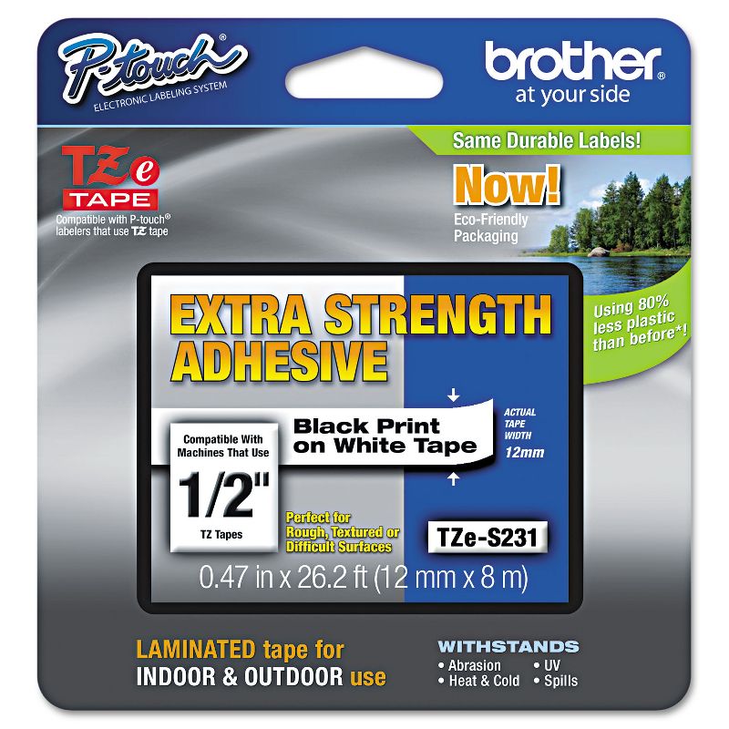 Brother TZe Extra-Strength Adhesive Laminated Labeling Tape 1/2w Black on White TZES231, 1 of 3