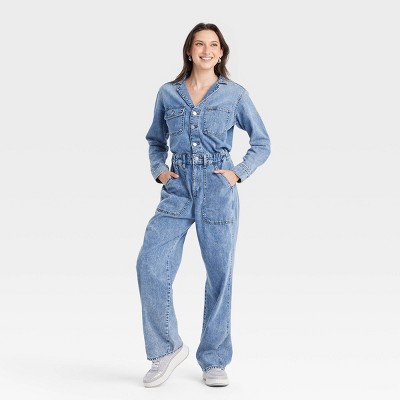 Women s Long Sleeve Utility Baggy Denim Jumpsuit Universal Thread Medium Wash 00