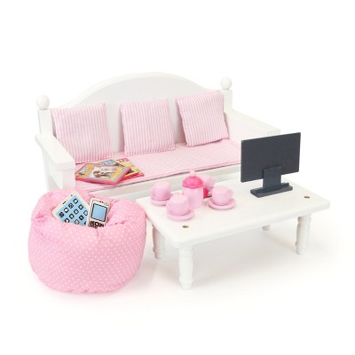 White Wooden Doll Sofa and Coffee Table Set with Pink Cushions